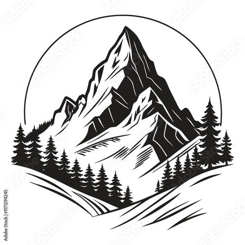 Mountain landscape illustration black and white, nature artwork, perfect for posters