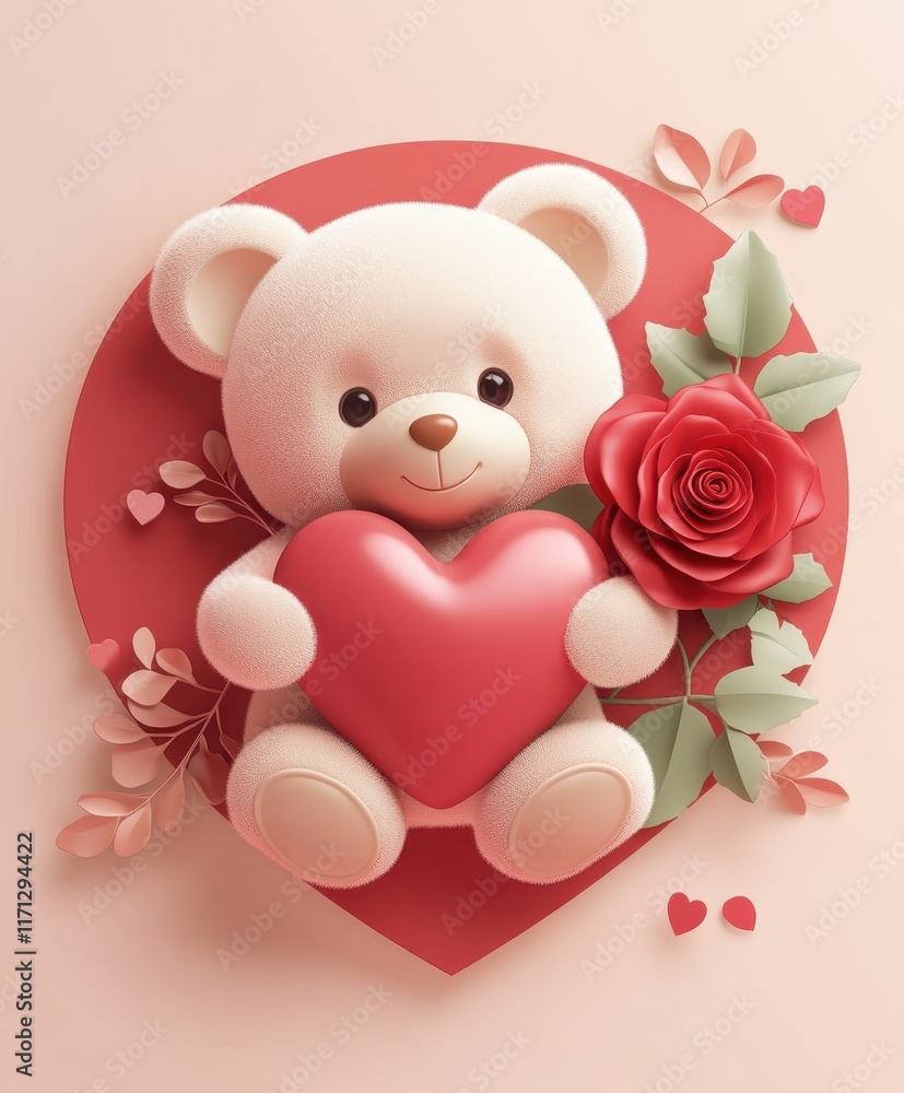 Obraz premium Adorable fluffy teddy bear holding a shiny red heart and a vibrant red rose. Surrounded by glitter, small hearts, and a soft pink gradient background. Perfect for Valentine's Day.
