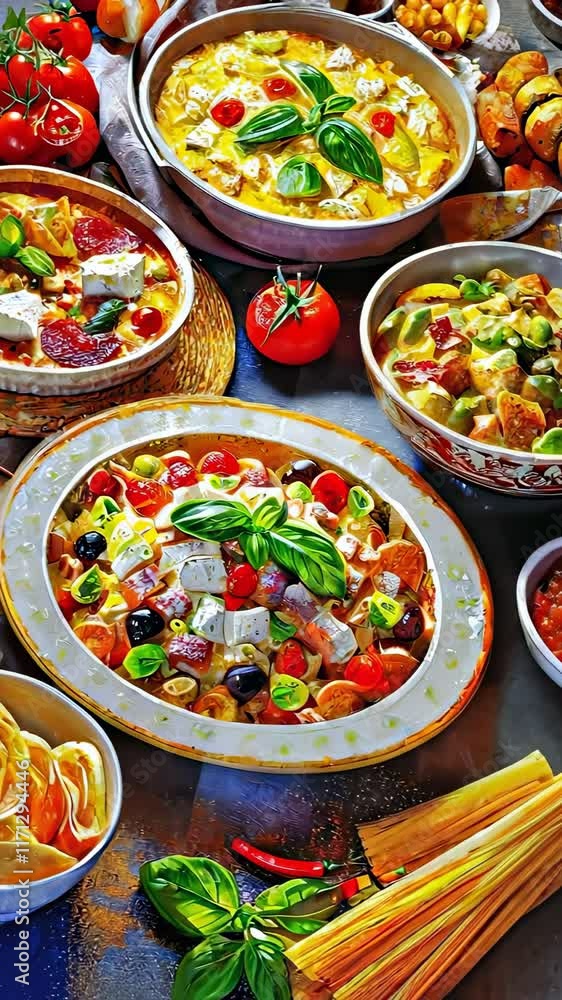 Mediterranean culinary artistry presenting with colorful pasta, salads, and hearty stews representing traditional gastronomy. Mediterranean culinary artistry presenting with colorful pasta, salads, and hearty stews representing traditional gastronomy.