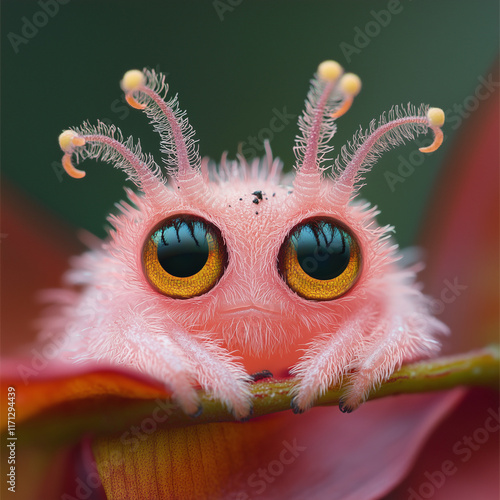 A cute pink alien spider creature with big eyes, and lots of tall spiral antennas on the head, climbing up an orchid stem  photo