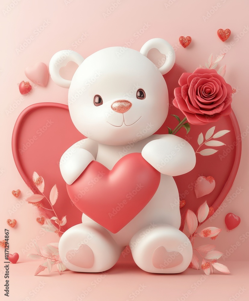 Obraz premium Adorable fluffy teddy bear holding a shiny red heart and a vibrant red rose. Surrounded by glitter, small hearts, and a soft pink gradient background. Perfect for Valentine's Day.