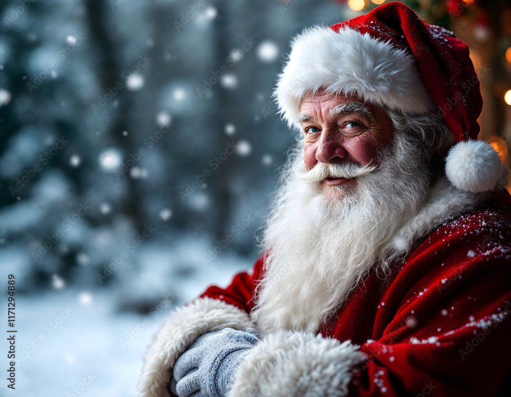 Cheerful old man dressed as Santa Claus enjoys a snowy winter wonderland, spreading festive cheer with a warm smile near a decorated tree Cheerful old man dressed as Santa Claus enjoys a snowy winter wonderland, spreading festive cheer with a warm smile near a decorated tree