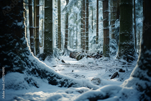 scene is filled with a sense of quiet drama as dark, towering trunks of trees stand in stark contrast to pristine snow covering forest floor photo