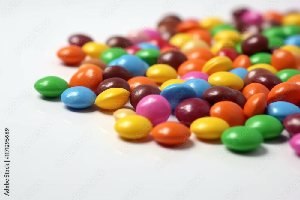 Assorted candy-coated chocolates in vibrant hues on a smooth surface Assorted candy-coated chocolates in vibrant hues on a smooth surface