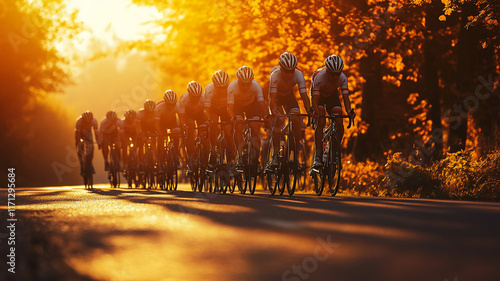  group cycling during autumn on the road during sunset with a profile angle 