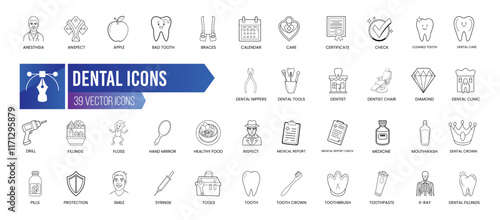 DENTAL - Outline Icon Collection. Thin Line Set contains such Icons as Hospital, Doctor, Anesthesia, Inspect, Apple, Bad Tooth and more. Simple web icons set.
