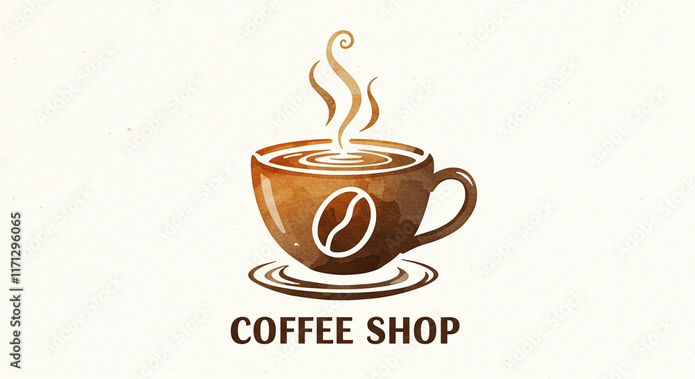 Obraz premium Watercolor Coffee Shop Logo Hot Coffee Cup Bean Steam