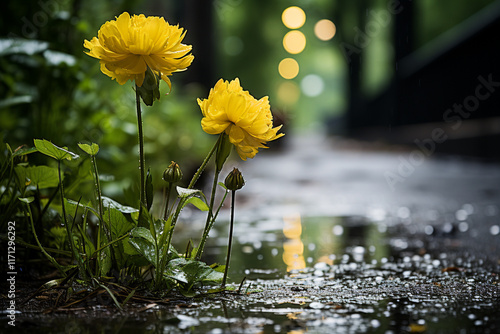 sensation of walking outdoors during a rejuvenating rainfall, where surfaces are adorned with shimmering water droplets and atmosphere is permeated with aroma of petrichor photo