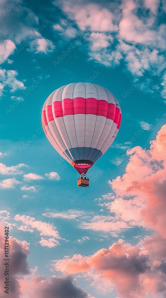 Naklejka premium Hot air balloon soaring through vibrant sunset clouds.