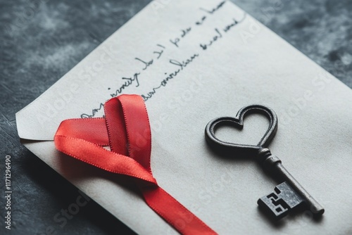 A unique key shaped like a heart, lying on a handwritten love letter with a red ribbon tied around it photo