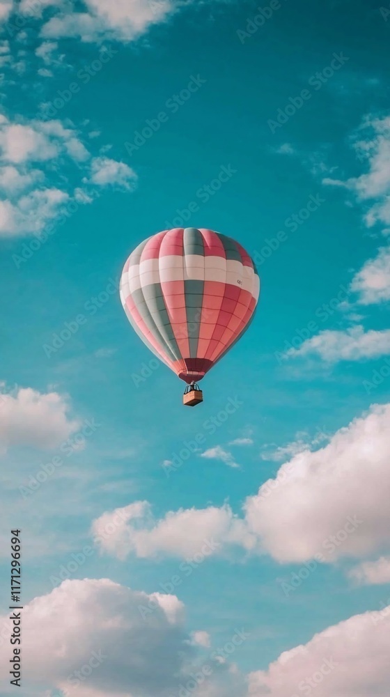 Naklejka premium Pink and teal hot air balloon soaring in a vibrant blue sky with fluffy white clouds.