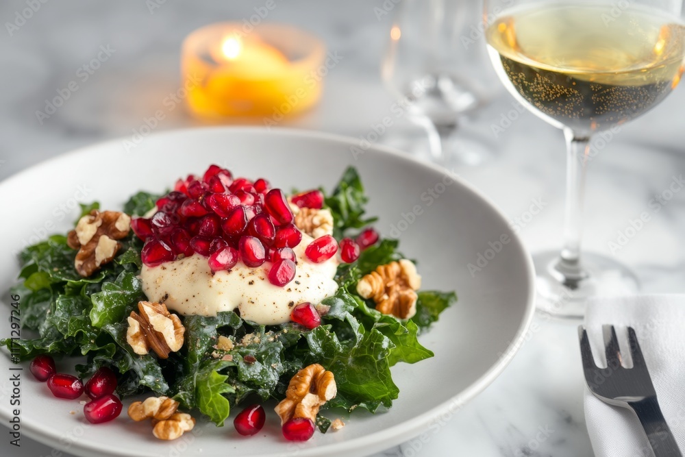 A vibrant kale salad served on a white plate, featuring pomegranate seeds, walnuts, and a lemon vinaigrette A vibrant kale salad served on a white plate, featuring pomegranate seeds, walnuts, and a lemon vinaigrette