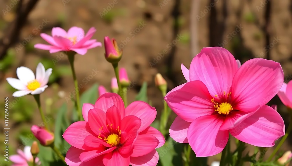 Vivid Pink Dahlias Blooming in Sunny Garden Vivid Pink Dahlias Blooming in Sunny Garden