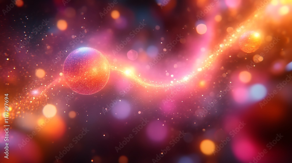 Glowing orbs connected by a sparkling energy trail amidst a bokeh background. Glowing orbs connected by a sparkling energy trail amidst a bokeh background.