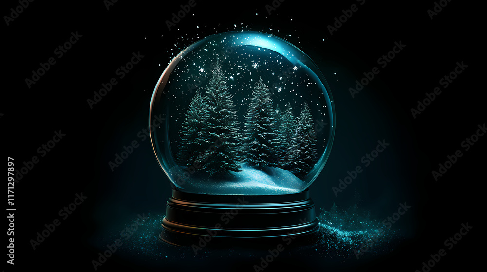 Glassy bubble with festive christmas trees inside and glittering snowfall around. Snowglobe. Illustration Glassy bubble with festive christmas trees inside and glittering snowfall around. Snowglobe. Illustration