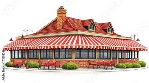 Red-roofed restaurant with striped awning, outdoor seating, and brick facade isolated on white background.
