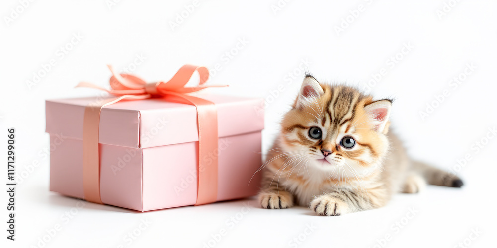 a kitten with a gift box on a white background a kitten with a gift box on a white background