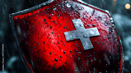 Red shield, Swiss cross, rain, night, security concept,  stock photo