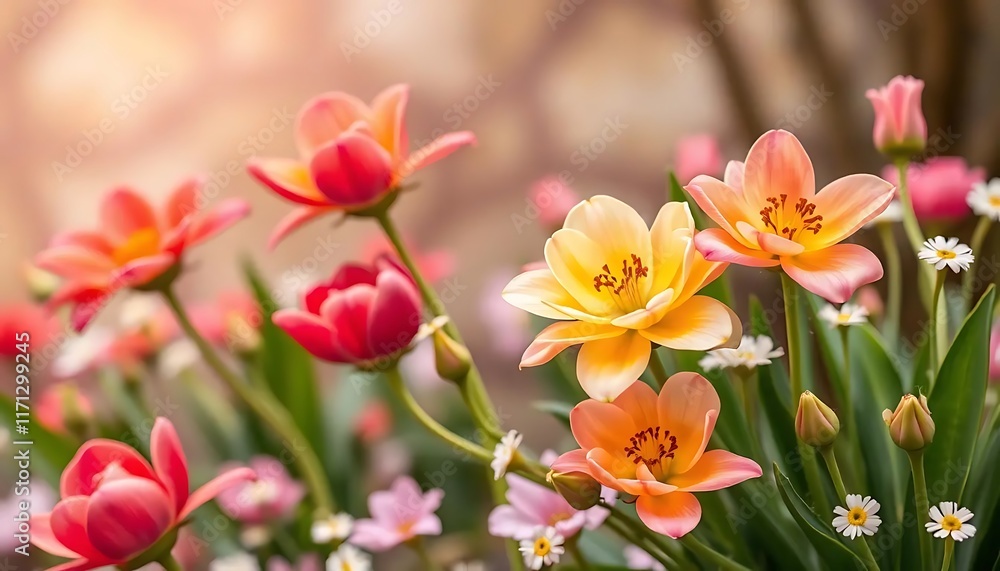 Delicate Pastel Tulips Blossom in Spring Sunlight Delicate Pastel Tulips Blossom in Spring Sunlight