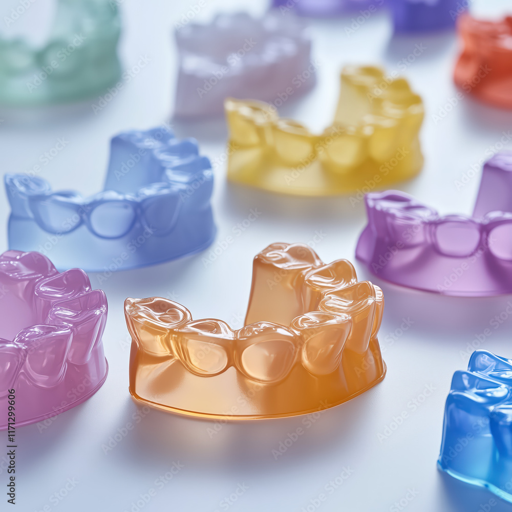 Colorful dental impression molds placed on a white surface.