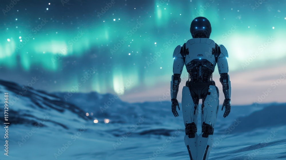 Fototapeta premium Robot Observing Arctic Aurora Borealis Landscape