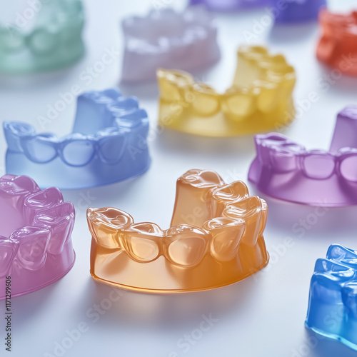 Obraz na płótnie Colorful dental impression molds placed on a white surface. w salonie
