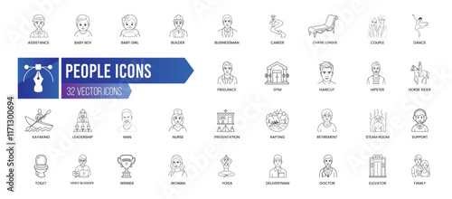 PEOPLE - Outline Icon Collection. Thin Line Set contains such Icons as Builder, Retirement, Gym, Support, Deliveryman, Presentation and more. Simple web icons set.
