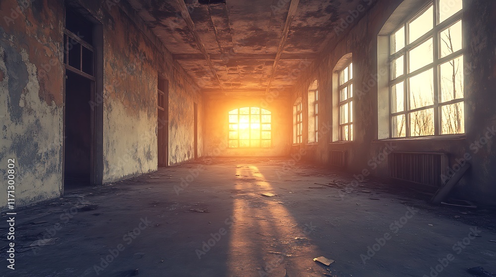 Sunlit hallway in abandoned building; decay, dust, ruin, windows, sunset. Sunlit hallway in abandoned building; decay, dust, ruin, windows, sunset.