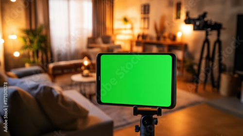 Modern Living Room with Green Screen Smartphone on a Tripod for Directorial Filming in a Cozy, Inviting Space with Soft Lighting and Comfortable Furnishings photo