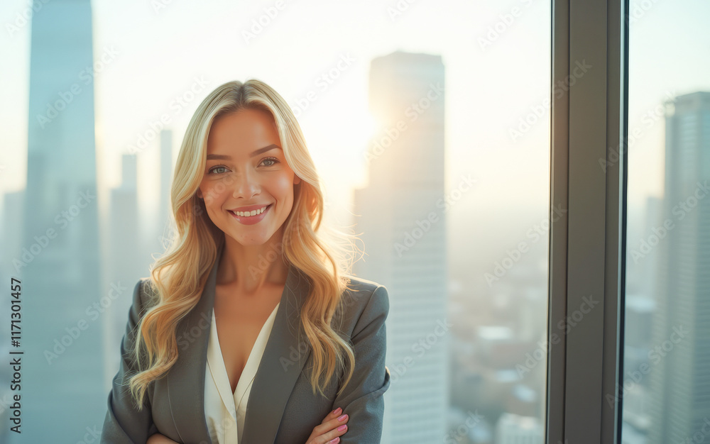 A businesswoman stands near a panoramic window with a view of the city A businesswoman stands near a panoramic window with a view of the city