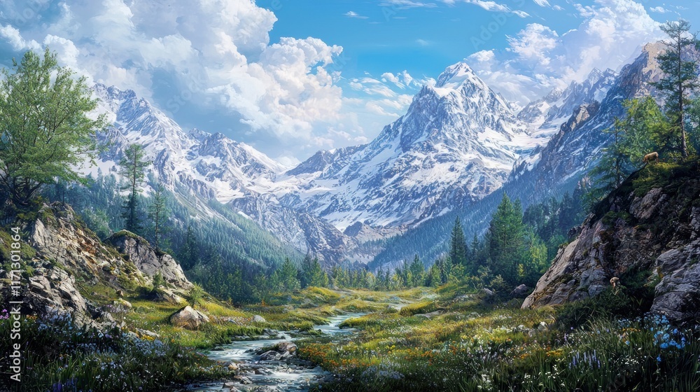 Serene Mountain Valley Landscape: Majestic Peaks, Tranquil Stream, Lush Meadows Serene Mountain Valley Landscape: Majestic Peaks, Tranquil Stream, Lush Meadows
