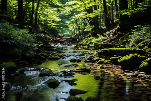 stream, with its ever-changing energy, gracefully meanders through ravine, showcasing a mesmerizing interplay of luminosity and darkness, vibrant foliage, and a harmonious union between flowing water  photo