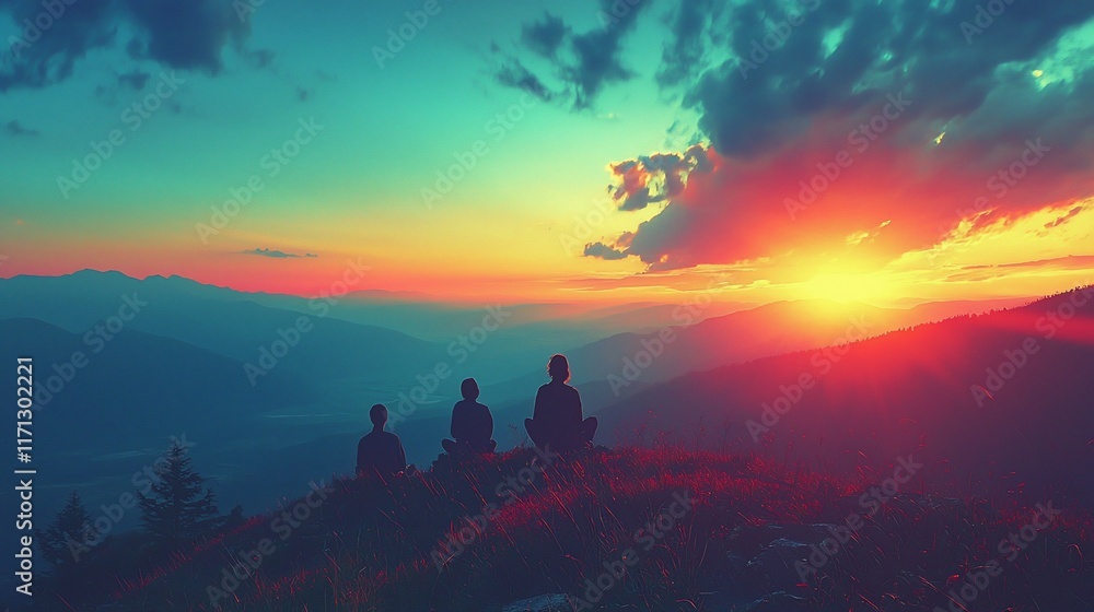 Fototapeta premium Silhouetted figures meditating at sunset atop a mountain, overlooking a vast valley.