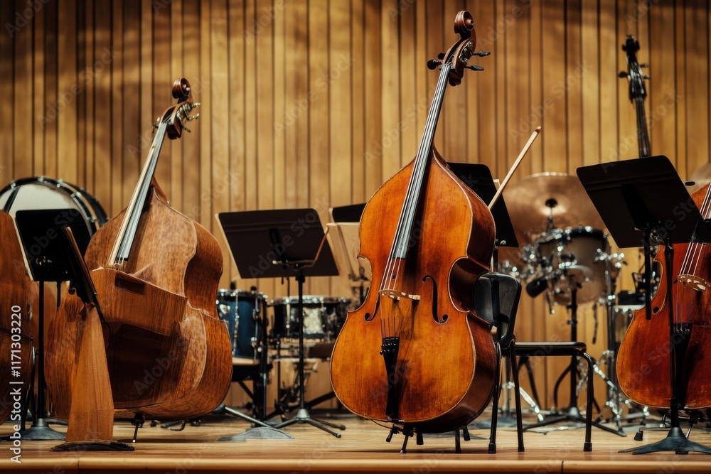 Fototapeta premium Orchestral Instruments A Detailed Focus on the Role of Double Basses in a Concert Setting. A carefully arranged collection of double basses is set for an engaging orchestral performance on stage