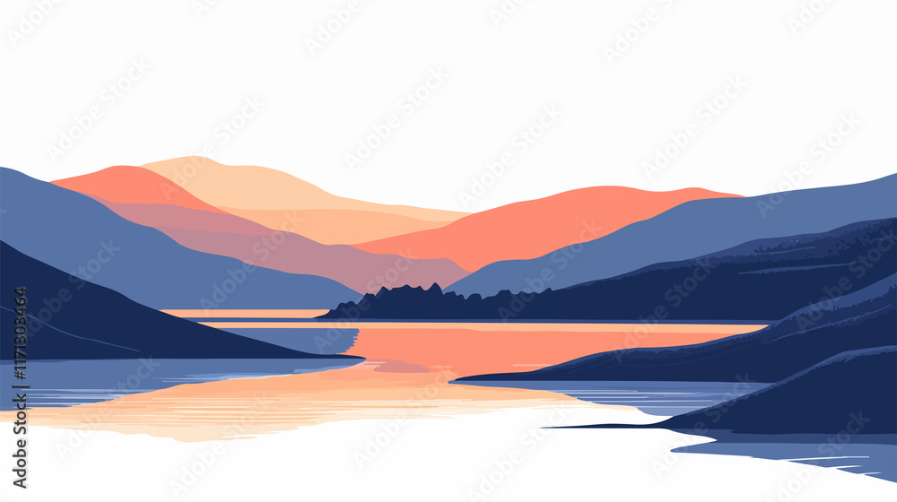 Obraz premium Scenic Morning Camp Landscape: Hills and Lake View Illustration