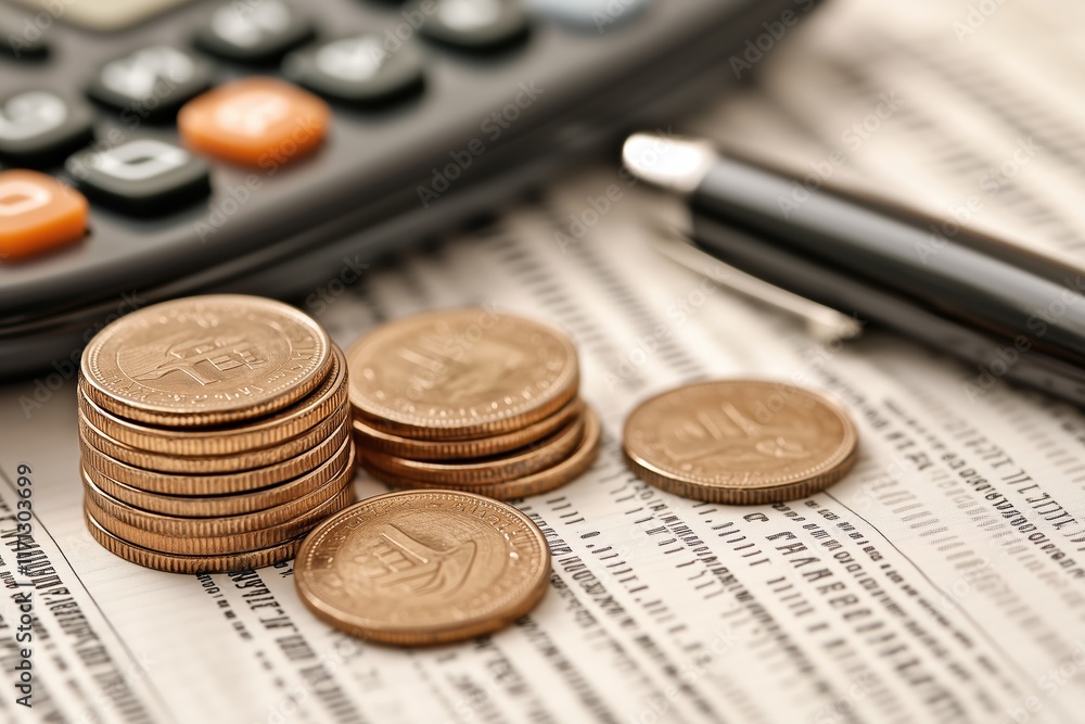 Stacks of coins and finance statistics. Money concept. Stacks of coins and finance statistics. Money concept.