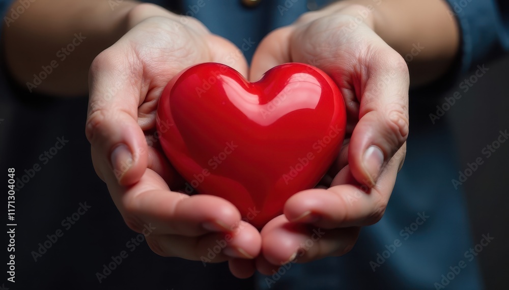 Close-up of a hand gently cradling a vibrant red heart , photography, intense Close-up of a hand gently cradling a vibrant red heart , photography, intense