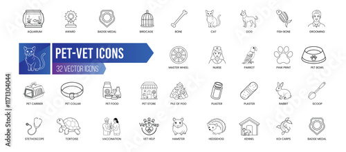 PET-VET - Outline Icon Collection. Thin Line Set contains such Icons as Dog, Rabbit, Bone, Parrot, Pet Collar, Pet Store and more. Simple web icons set.