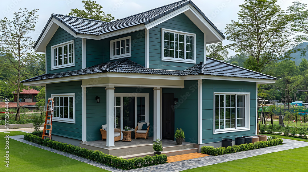 Teal two-story house with white trim, porch, and landscaping. Teal two-story house with white trim, porch, and landscaping.