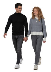Happy young couple walking hand in hand and smiling isolated on transparent background