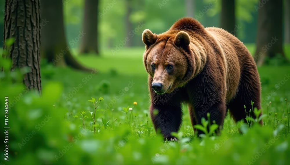 Large brown bear foraging in lush green forest, grizzly, nature Large brown bear foraging in lush green forest, grizzly, nature