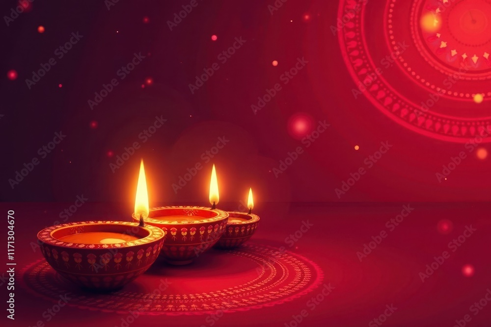 Intricate red design, multiple lit diyas Festive Diwali banner illustration , red, culture Intricate red design, multiple lit diyas Festive Diwali banner illustration , red, culture