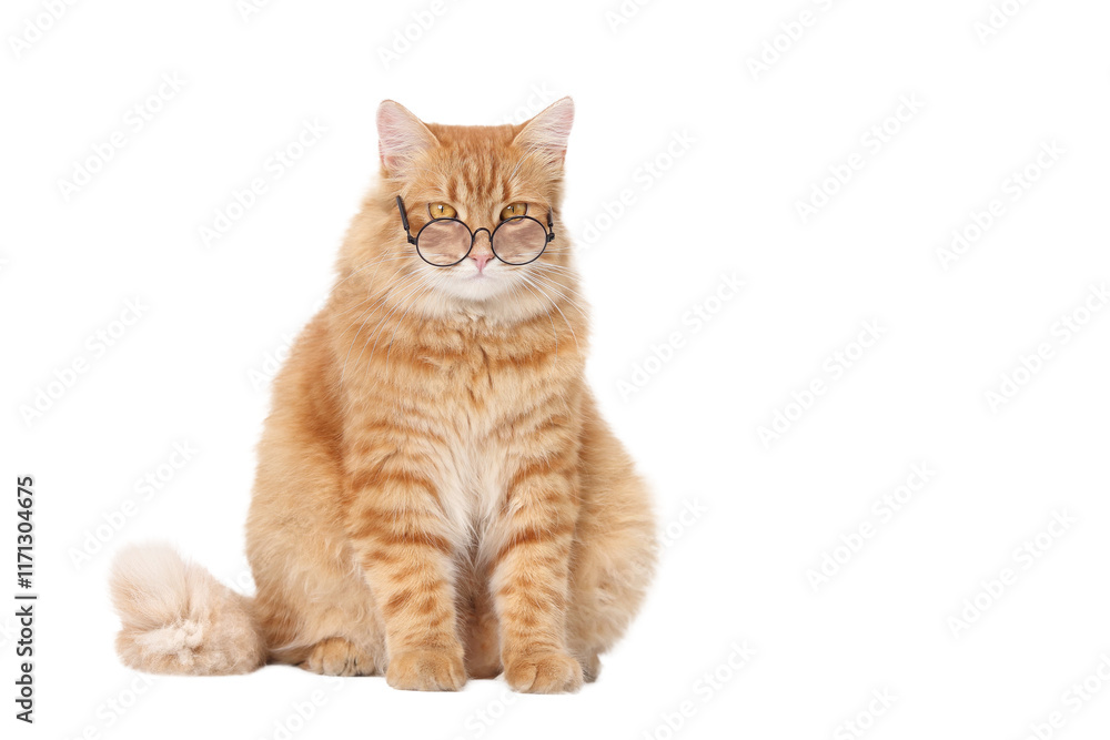 Orange cat wearing glasses. Ginger Cat sitting and looking directly at the camera. Close-up shot ideal for pet-themed products or advertising. Smart cat isolated on white. Domestic kitten. Orange cat wearing glasses. Ginger Cat sitting and looking directly at the camera. Close-up shot ideal for pet-themed products or advertising. Smart cat isolated on white. Domestic kitten.
