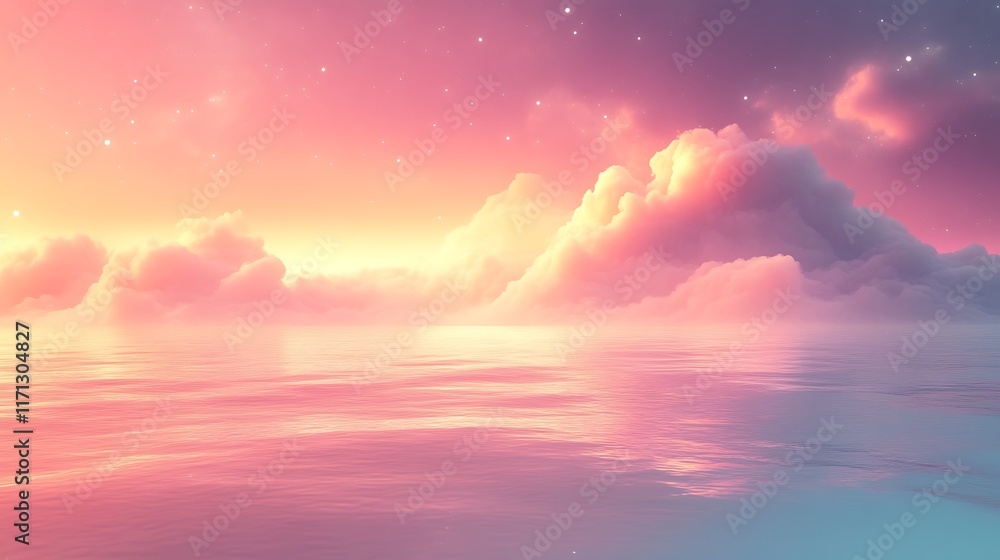 Naklejka premium Dreamy pink sunset over calm ocean, clouds reflecting in water.