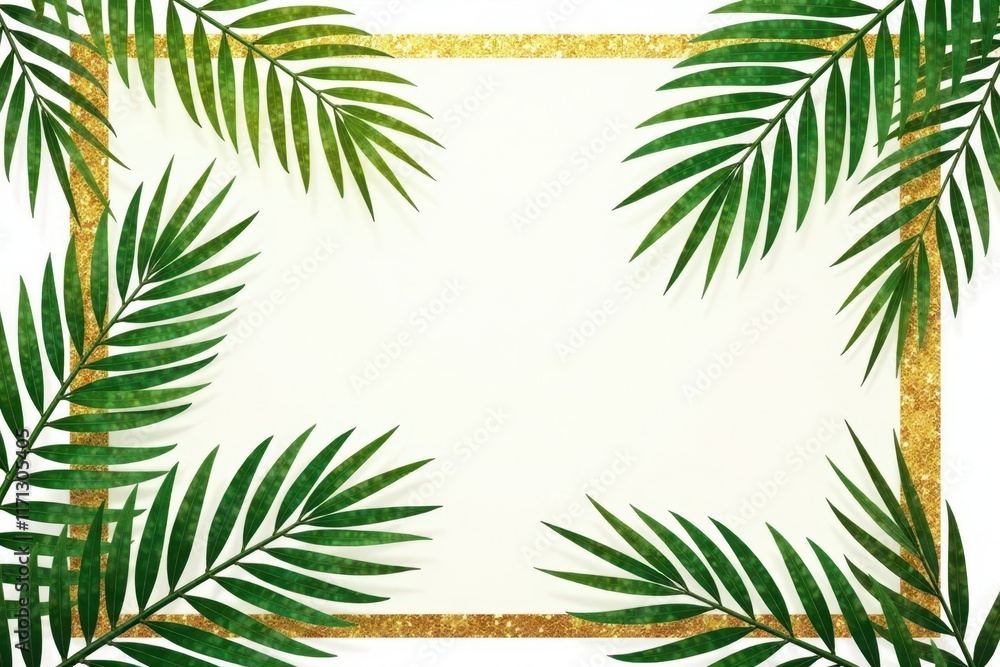 Golden tropical palm leaf pattern, white border Minimalist summer backdrop , modern, tropical pattern Golden tropical palm leaf pattern, white border Minimalist summer backdrop , modern, tropical pattern