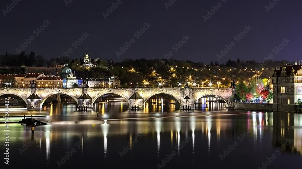 Charles bridge in prague reflecting on vltava river at night Charles bridge in prague reflecting on vltava river at night