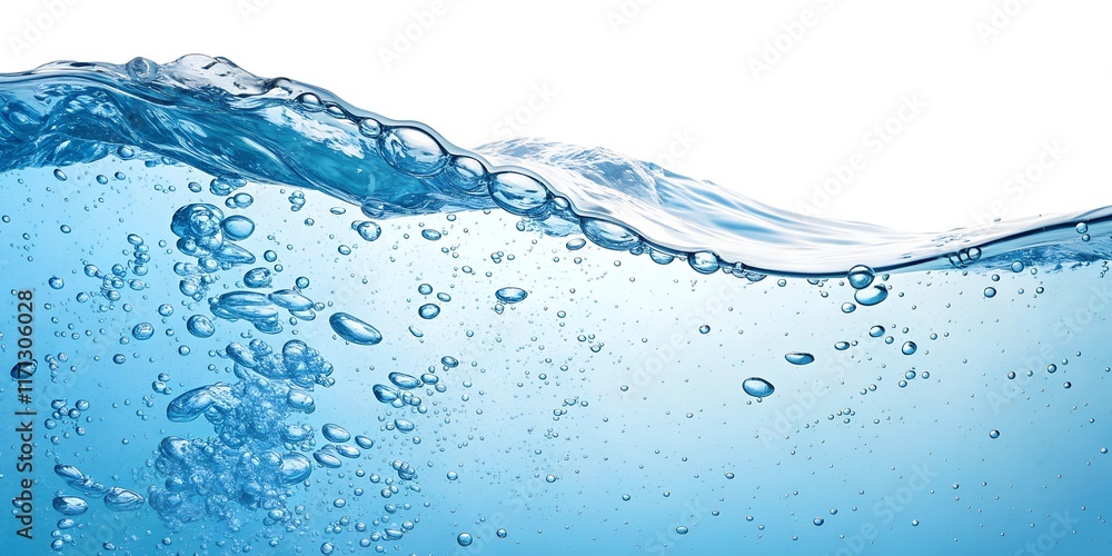 Fresh Blue Water Wave with Bubbles on White Background - Natural Hydration Panorama Fresh Blue Water Wave with Bubbles on White Background - Natural Hydration Panorama