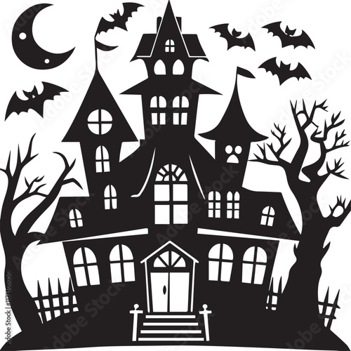 Halloween house with pumpkin, Halloween hunter house with bats. 