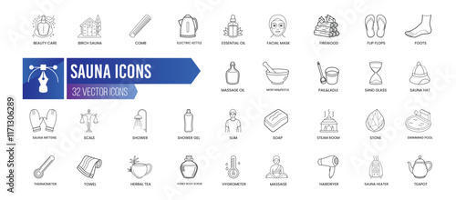 SAUNA - Outline Icon Collection. Thin Line Set contains such Icons as Sauna Heater, Shower Gel, Hygrometer, Hairdryer, Shower and more. Simple web icons set.