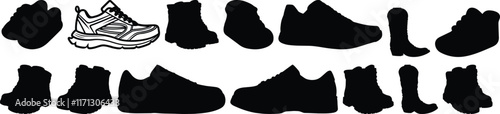 Boot silhouettes set, shoe pack of vector silhouette design, isolated background